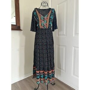 PrettyGarden Black Boho Floral Paisley Maxi Dress Size S Flutter Sleeve